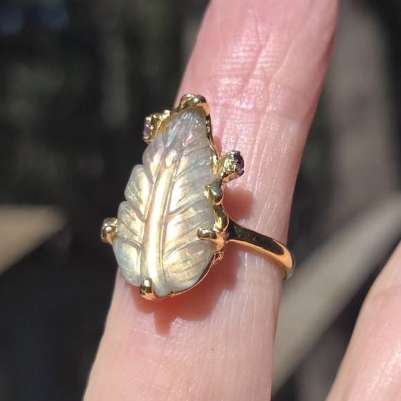 Labradorite Leaf 14k Amethyst Sterling & Gold Ring Sz7 - Picture 6 of 10